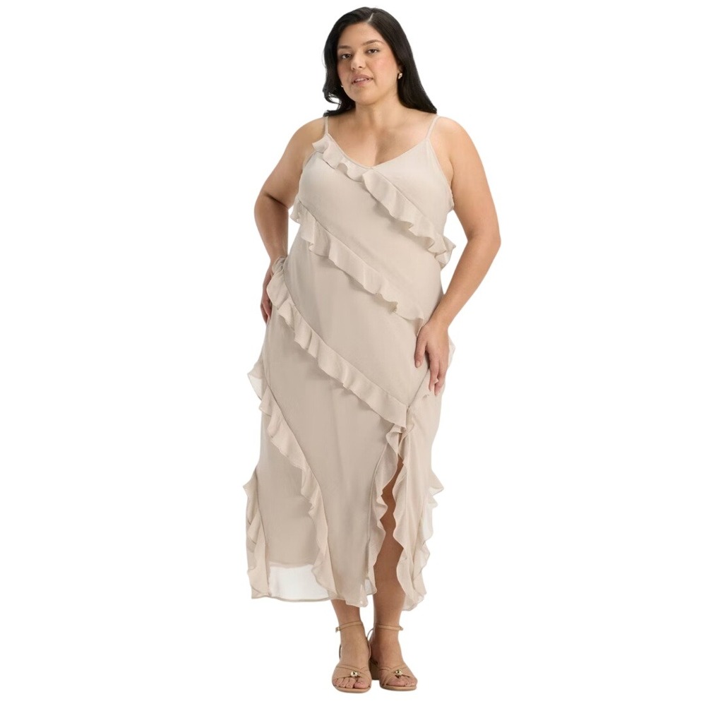 A New Day Women's Beige V Neck Ruffle Sleeveless Maxi Slip Dress Size XXL